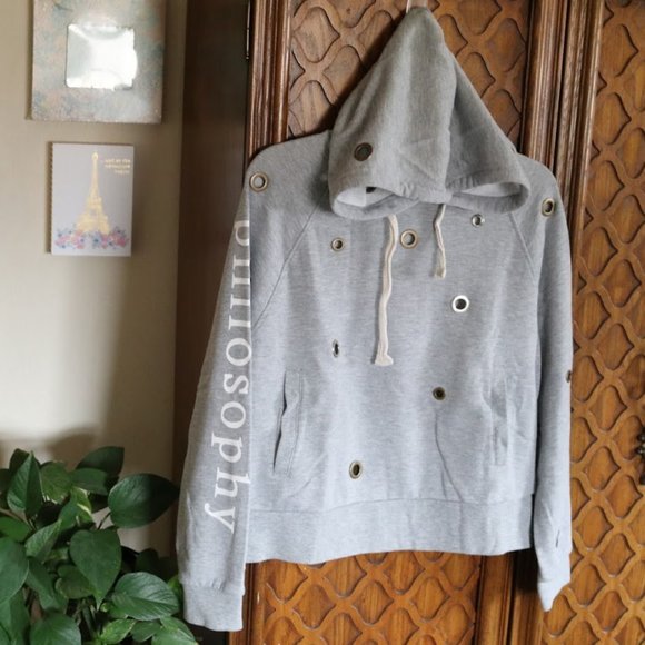 Anthropologie || Philosophy Heather Gray Grommet Crop Sweatshirt Hoodie - Size L - Picture 15 of 16